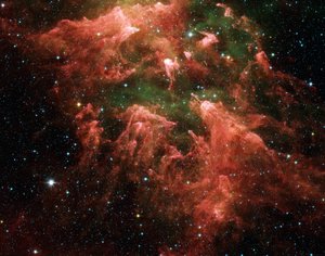 Image en fausses couleurs du télescope spatial Spitzer de la région du Pilier Sud de la nébuleuse de la Carène. Embryons d